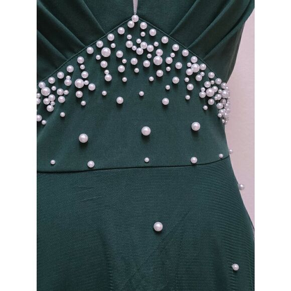π Pearl Beaded Mesh Overlay Sleeveless A-line Elegant Green Dress SIZE LβNEW - Picture 12 of 16